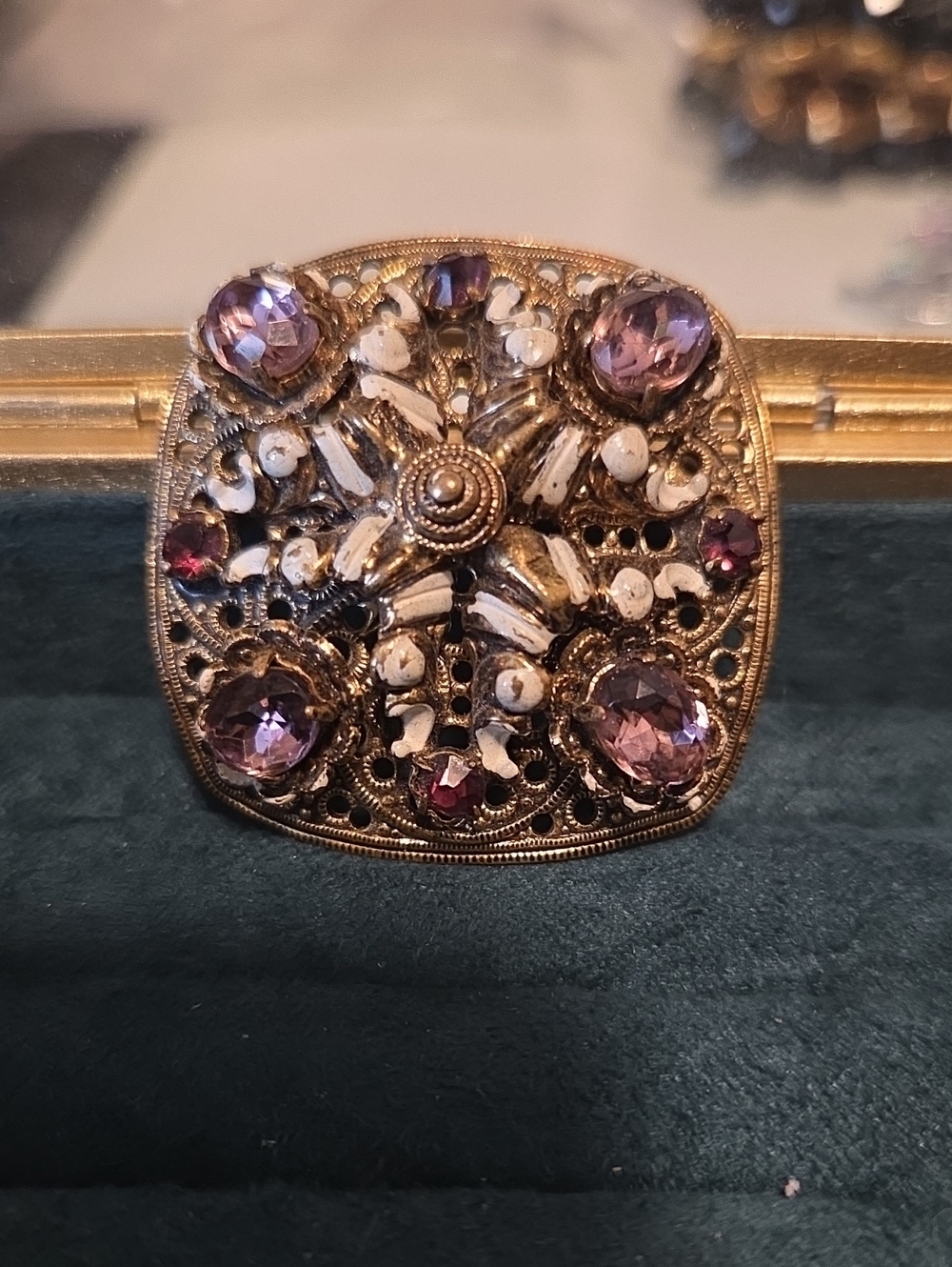 Antique Czech Filigree Gold-Tone Brooch with Purple Crystal Accents